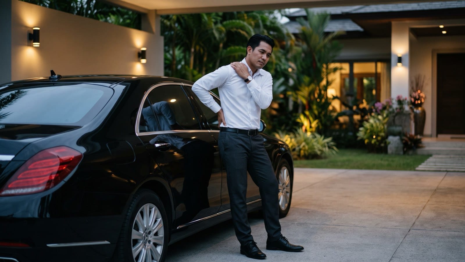 ชายวัยทำงานยืนข้างรถ นวดไหล่และหลังด้วยความปวดเมื่อยอ่อนล้าหลังเลิกงาน