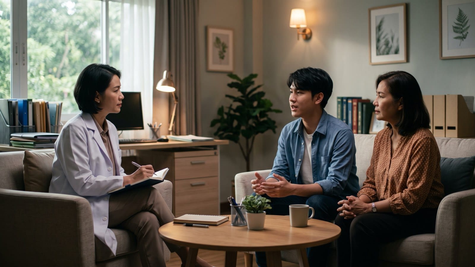 จิตแพทย์พูดคุยประเมินอาการกับผู้ป่วยหนุ่มและแม่ในห้องตรวจ